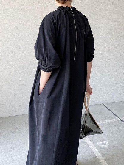 xakxx Simple Solid Color Stand Collar Loose Half Sleeve Dress