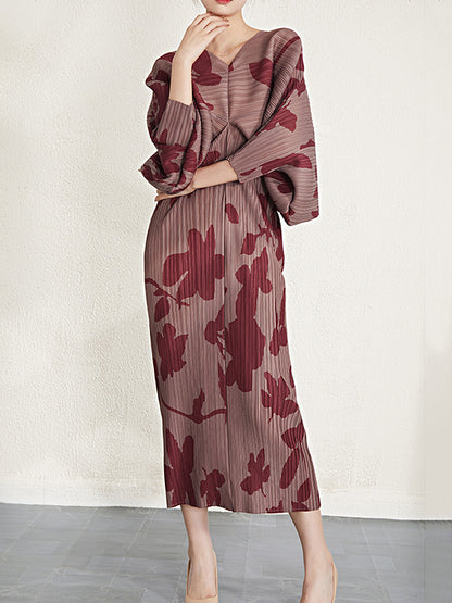 xakxx Batwing Sleeves Loose Pleated Printed V-Neck Midi Dresses