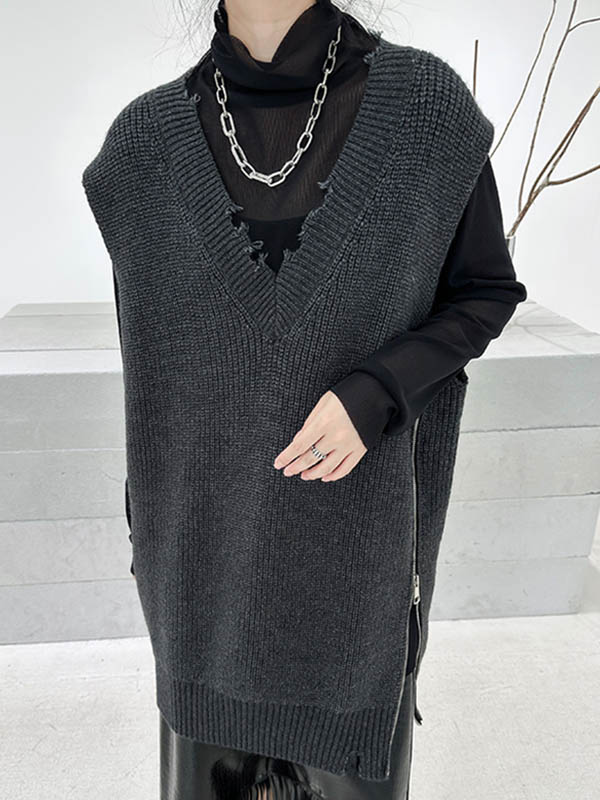 xakxx Loose Sleeveless Asymmetric Split-Side Zipper V-Neck Vest Outerwear