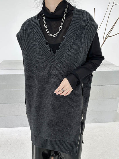 xakxx Loose Sleeveless Asymmetric Split-Side Zipper V-Neck Vest Outerwear