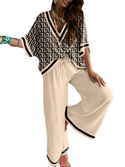 xakxx Urban Loose Printed V-Neck T-Shirts Tops& Drawstring Wide Leg Pants Suits