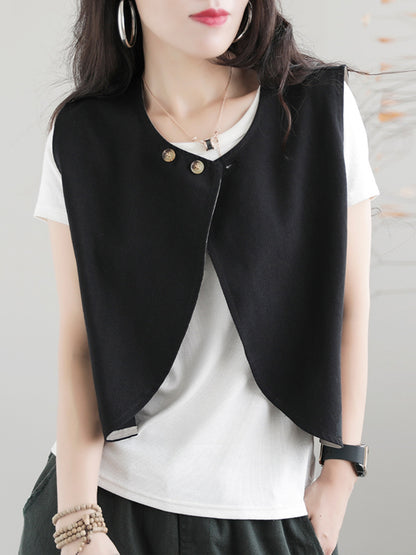 xakxx Artistic Retro Loose Sleeveless Solid Color Round-Neck Vest Outerwear