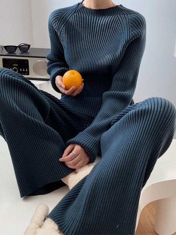 xakxx Urban Loose Solid Round-Neck Split-Side Sweater& Wide Leg Pants Suits