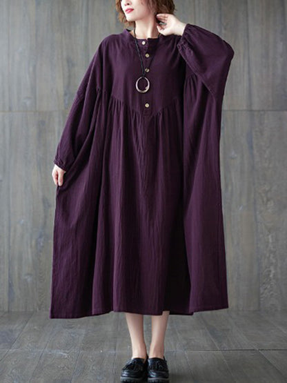 xakxx Loose Puff Sleeves Pleated Solid Color Stand Collar Midi Dresses