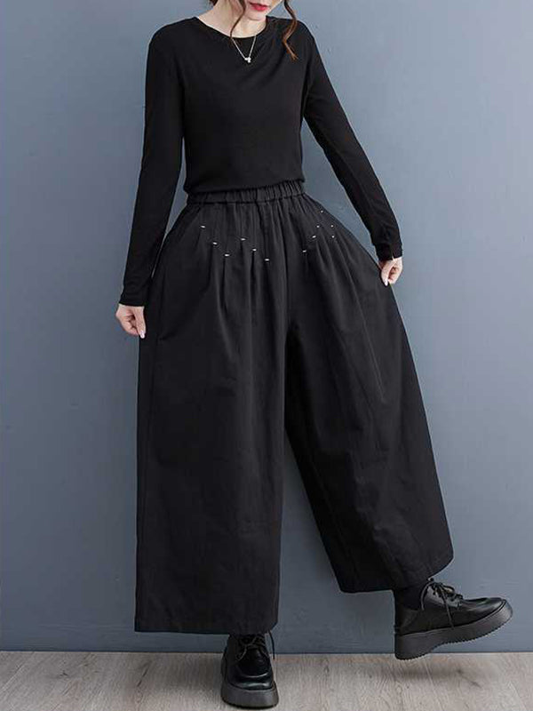 xakxx Loose Wide Leg Elasticity Embroidered Pleated Ninth Pants Trousers