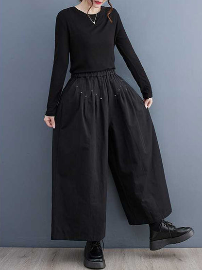 xakxx Loose Wide Leg Elasticity Embroidered Pleated Ninth Pants Trousers