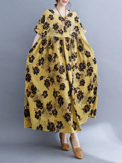 xakxx Loose Short Sleeves Pleated Printed Split-Joint Round-Neck Midi Dresses