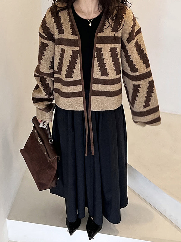 xakxx Long Sleeves Loose Contrast Color Printed Collarless Cardigan Tops
