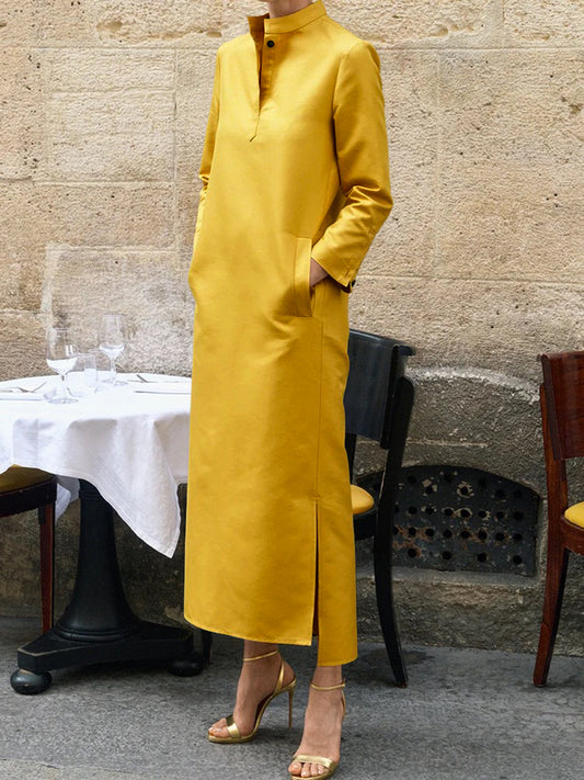 xakxx Long Sleeves Loose Solid Color Split-Side Stand Collar Midi Dresses