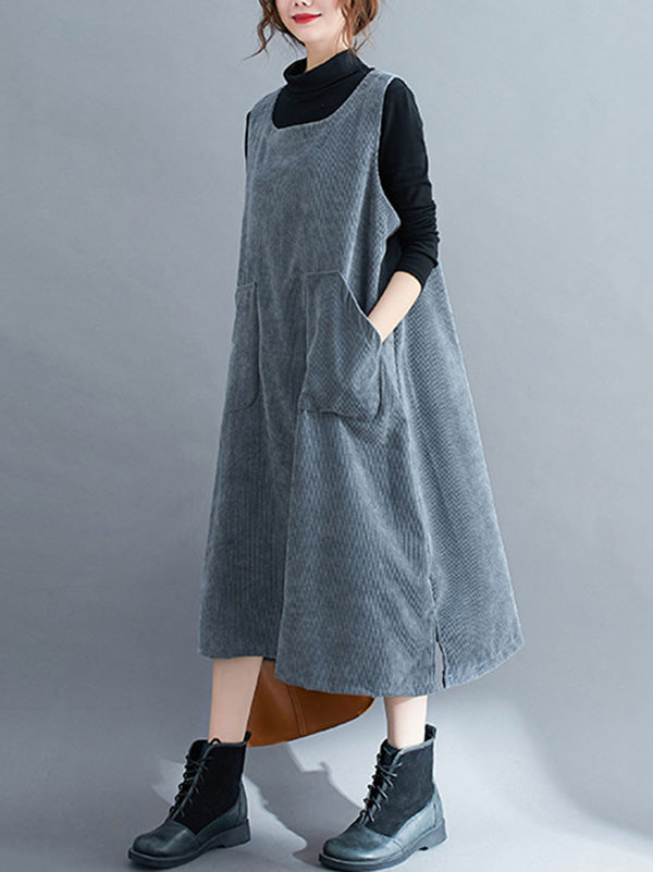 xakxx Corduroy Sleeveless Split-Joint Round-Neck Midi Dress