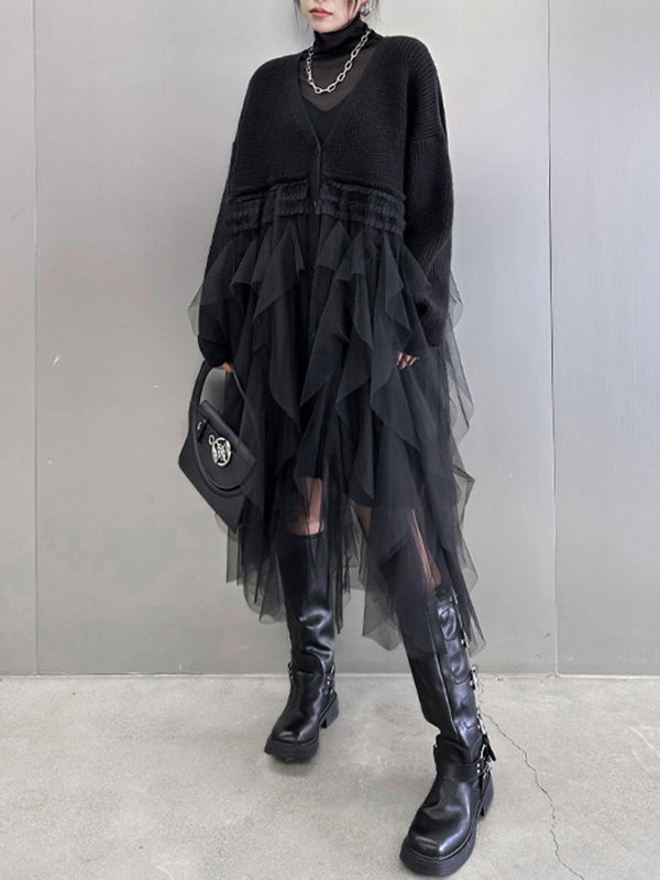 xakxx Long Sleeves Loose Buttoned Pleated Solid Color Split-Joint Tulle Velvet V-Neck Cardigan Tops