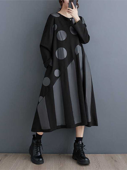 xakxx A-Line Long Sleeves Asymmetric Polka-Dot Split-Joint Striped Round-Neck Midi Dresses