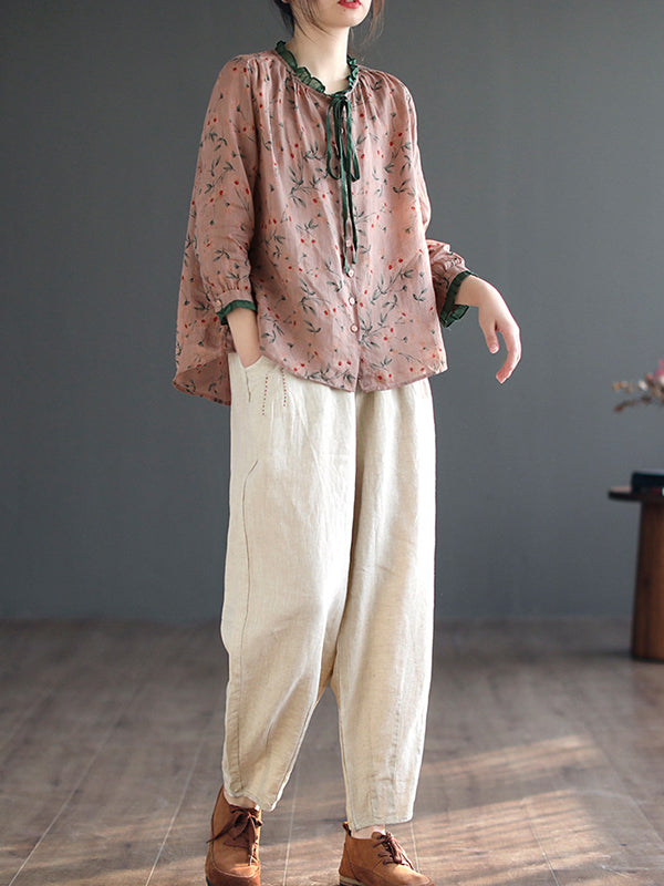 xakxx Long Sleeves Loose Floral Printed Lace-Up Round-Neck Blouses&Shirts Tops