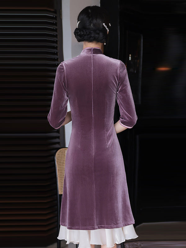 xakxx Vintage Beaded False Two Half Sleeves Long Cheongsams