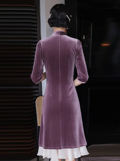 xakxx Vintage Beaded False Two Half Sleeves Long Cheongsams
