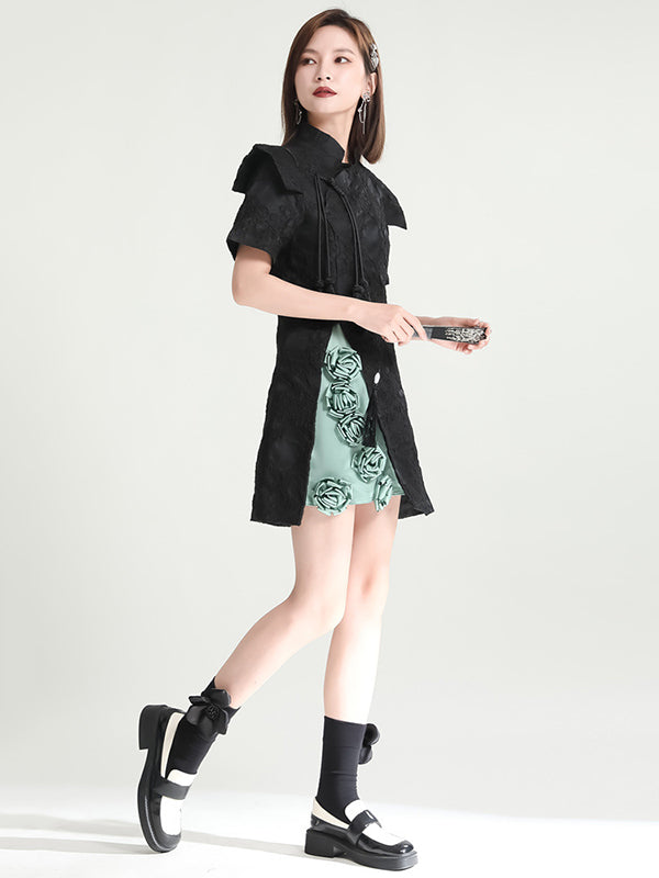 xakxx Vintage Contrast Color Applique Embroidered Short Cheongsams Mini Dress