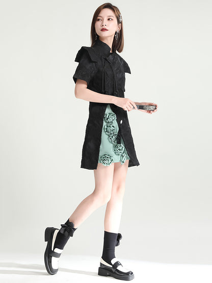 xakxx Vintage Contrast Color Applique Embroidered Short Cheongsams Mini Dress