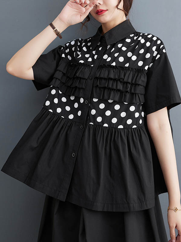 xakxx Loose Short Sleeves Contrast Color Pleated Polka-Dot Split-Joint Lapel Blouses