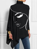 xakxx Casual Loose Long Sleeves Figure Printed Asymmetric High-Neck T-Shirts Tops