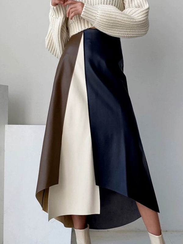 xakxx A-Line High Waisted Asymmetric Contrast Color Split-Front Skirts Bottoms