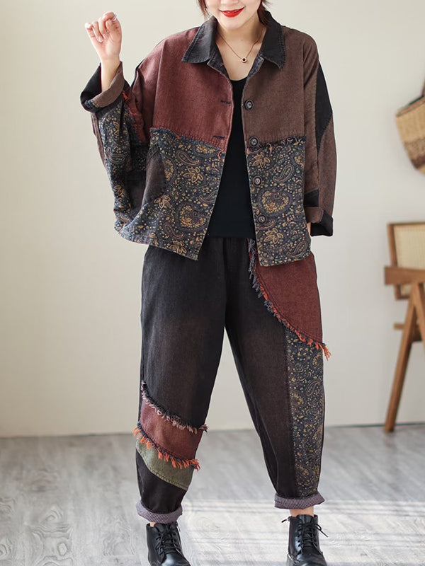 xakxx Contrast Color Fringed Split-Joint Long Sleeves Printed Outwear + Harem Pants  Two Pieces Set