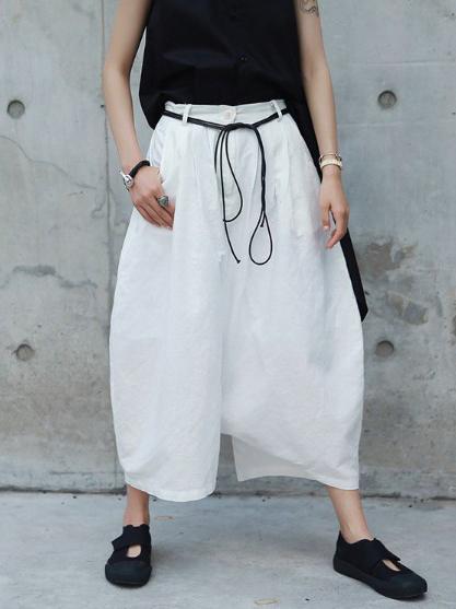 xakxx Loose White Linen Split-side Harem Pants