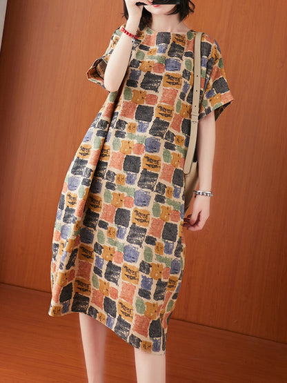 xakxx Artistic Retro Colorful Plaid Short Sleeve Dress