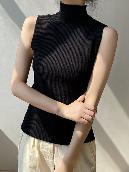 xakxx Skinny Sleeveless Solid Color High-Neck Knitwear Vest Top