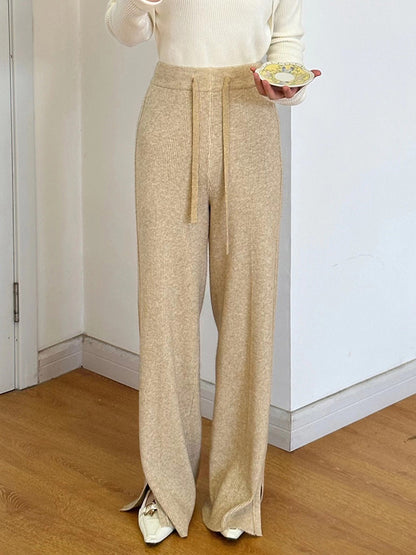 xakxx High Waisted Loose Drawstring Solid Color Split-Side Velvet Pants Trousers