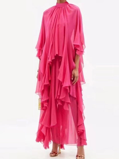 xakxx Loose Raglan Sleeve Solid Color Tiered Stand Collar Maxi Dresses