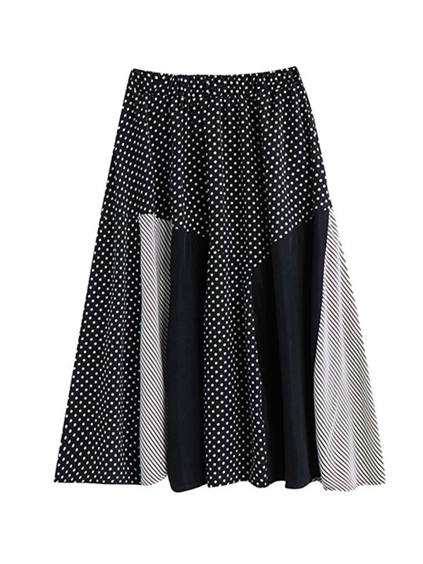 xakxx Loose Oversize Striped Polka-Dot Split-Joint Blouse Top A-Line Skirt Bottom Two Pieces Set
