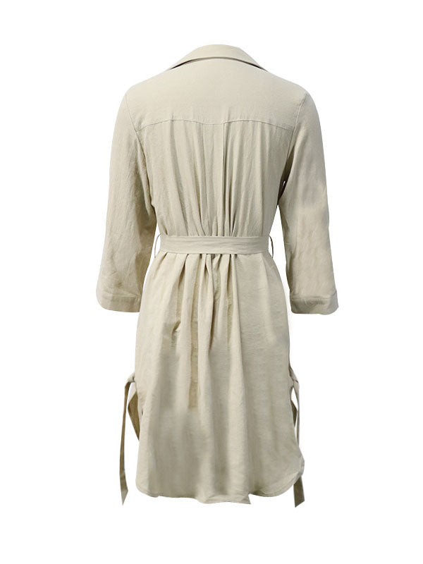 xakxx High Waisted Long Sleeves Buttoned Solid Color Split-Side Tied Waist V-Neck Mini Dresses