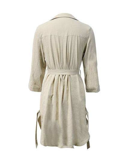 xakxx High Waisted Long Sleeves Buttoned Solid Color Split-Side Tied Waist V-Neck Mini Dresses