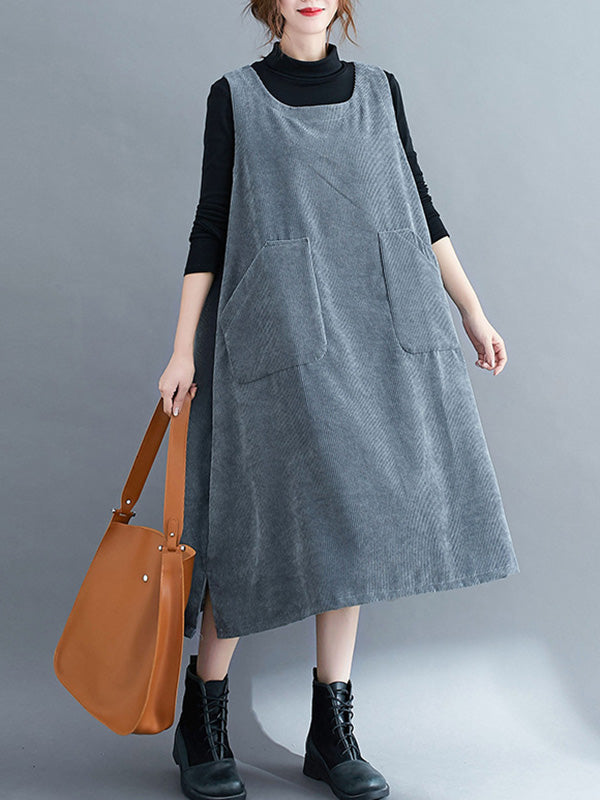 xakxx Corduroy Sleeveless Split-Joint Round-Neck Midi Dress