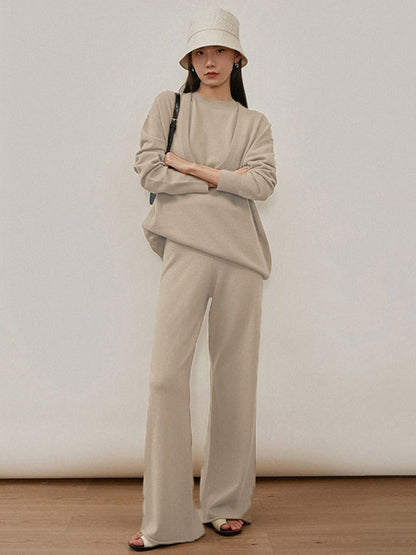 xakxx xakxx-Urban Loose Solid Round-Neck Vest Top& V-Neck Sweater Tops& Wide Leg Pants Three-Piece Set