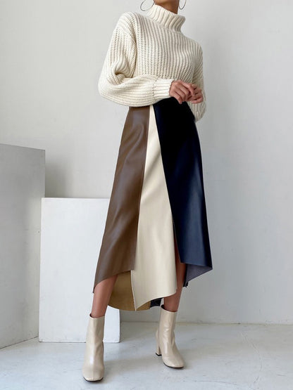 xakxx A-Line High Waisted Asymmetric Contrast Color Split-Front Skirts Bottoms