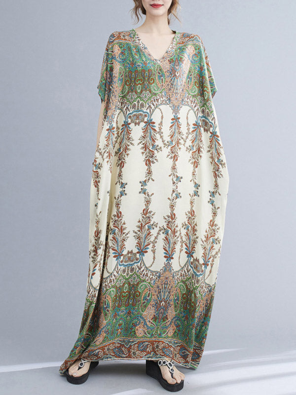 xakxx Vintage Floral Printed V-Neck Batwing Sleeves H-Line Maxi Dress