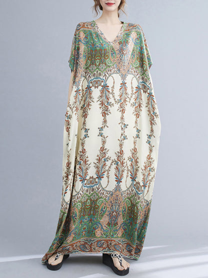 xakxx Vintage Floral Printed V-Neck Batwing Sleeves H-Line Maxi Dress