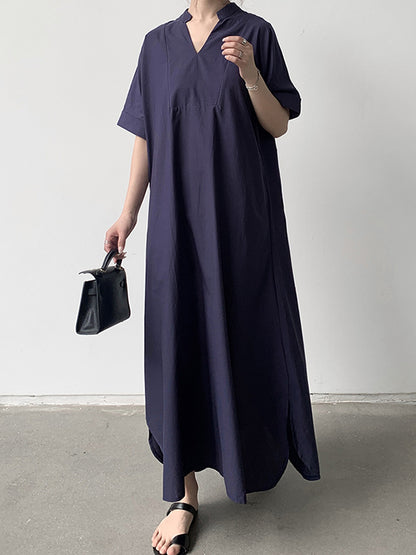 xakxx Loose Short Sleeves Solid Color V-Neck Maxi Dresses