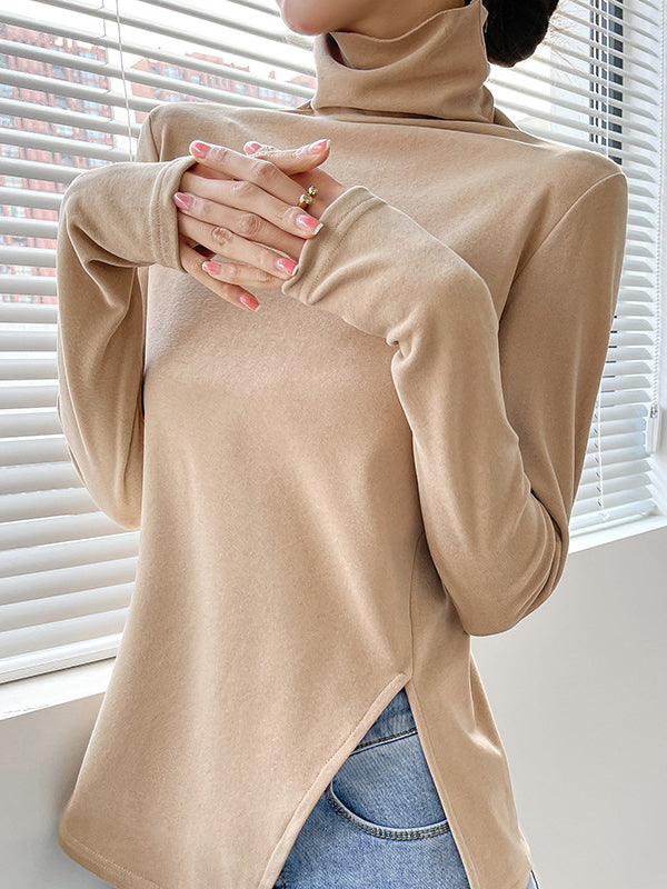 xakxx Casual Skinny Long Sleeves Split-Side Solid Color High-Neck T-Shirts Tops