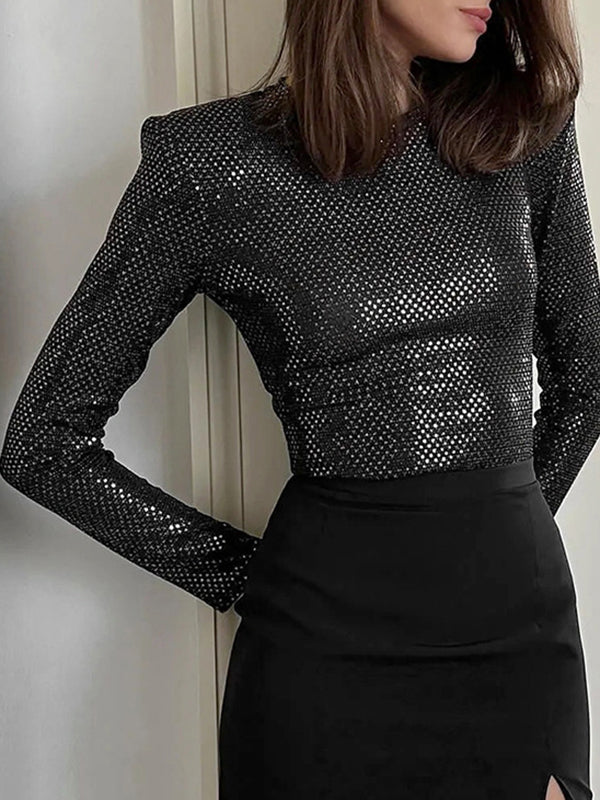 xakxx Long Sleeves Skinny Sequined Split-Joint Round-Neck T-Shirts
