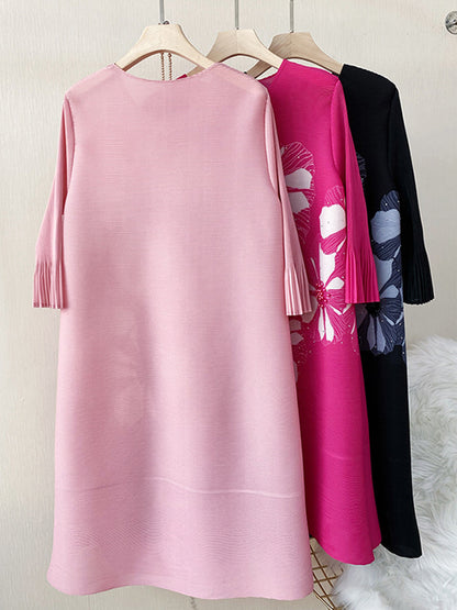 xakxx Flared Sleeves Loose Floral Printed Round-Neck Midi Dresses