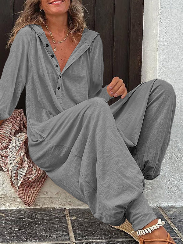 xakxx Hooded Long Sleeves Buttoned Solid Color Hooded Jumpsuits