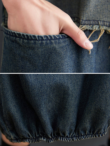 xakxx Original Loose Denim Contrast Color Round-Neck Long Sleeves Midi Dress