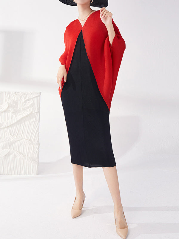 xakxx Batwing Sleeves Loose Contrast Color Pleated Round-Neck Midi Dresses