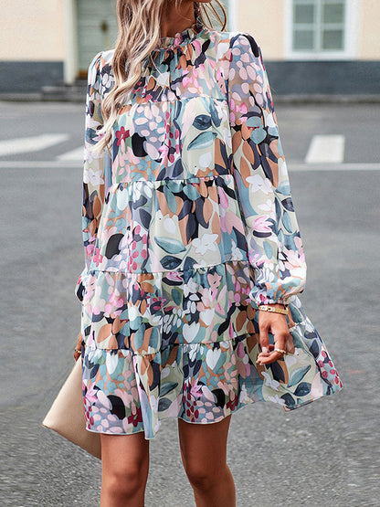 xakxx A-Line High Waisted Printed Split-Joint Tied Mock Neck Mini Dresses