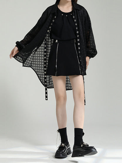 xakxx High-Low Long Sleeves Gauze See-Through Round-Neck Blouses&Shirts Tops