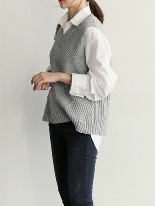 xakxx Casual Sleeveless Loose Solid Color V-Neck Vest Outerwear