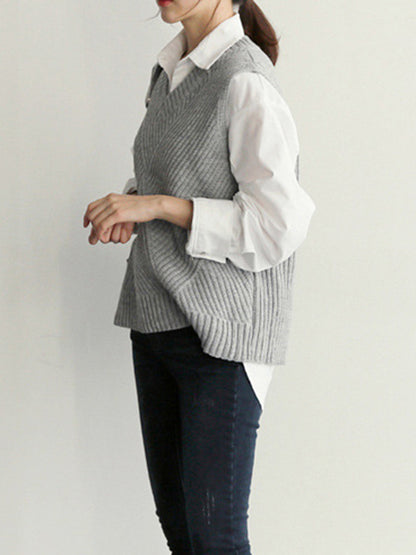 xakxx Casual Sleeveless Loose Solid Color V-Neck Vest Outerwear