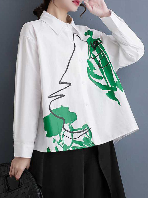 xakxx High-Low Long Sleeves Buttoned Printed Lapel Blouses&Shirts Tops